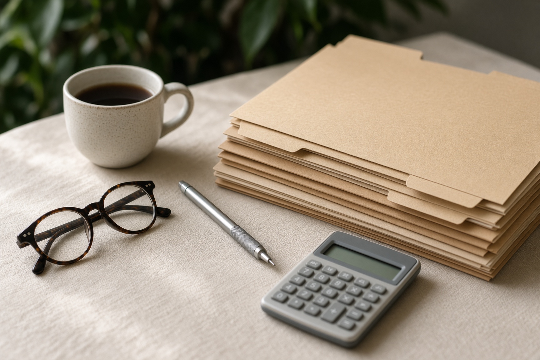 Still life of folders, reading glasses, a calculator, and a pencil on a linen table.