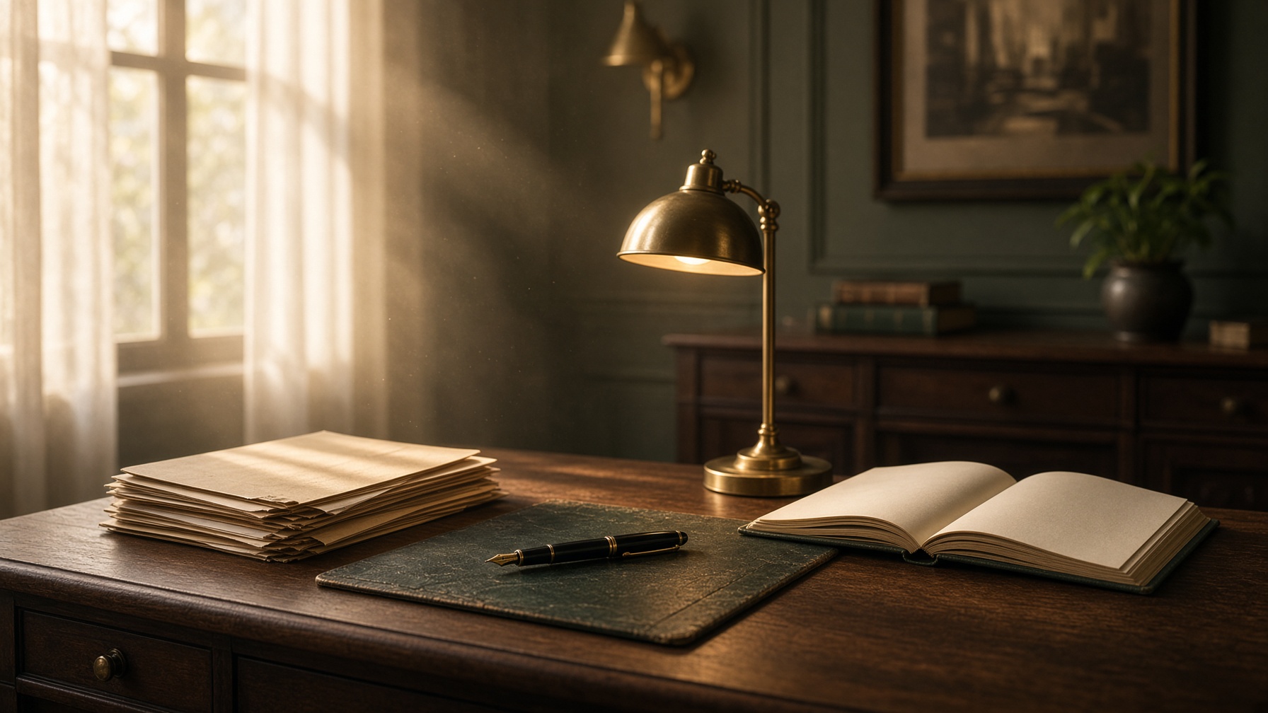 A quiet tax office at late afternoon: walnut desk, manila folders, fountain pen, and a brass lamp.